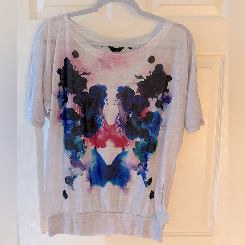 GUESS Watercolor Top - Size Small | Color:Light Grey/Multicolor